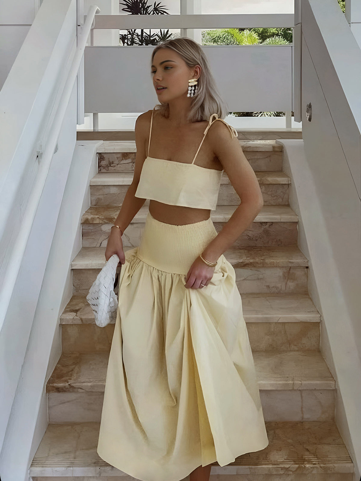 Shirred Waist Split Thigh Skirt Set-Massicos