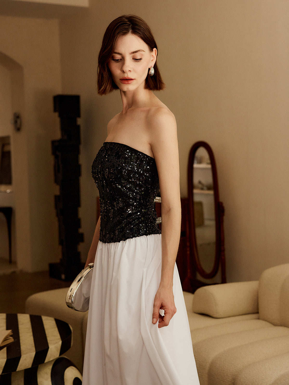 Pleated Sequins Tube Long Dress-Massicos