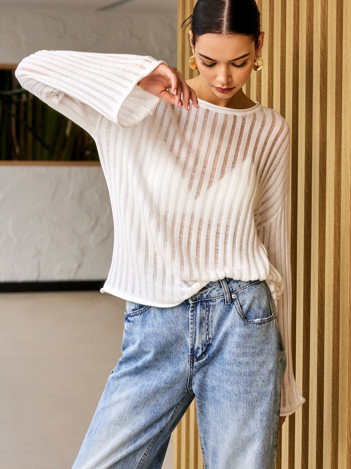 Oversized Semi-Sheer Long Sleeve Sweater-Massicos