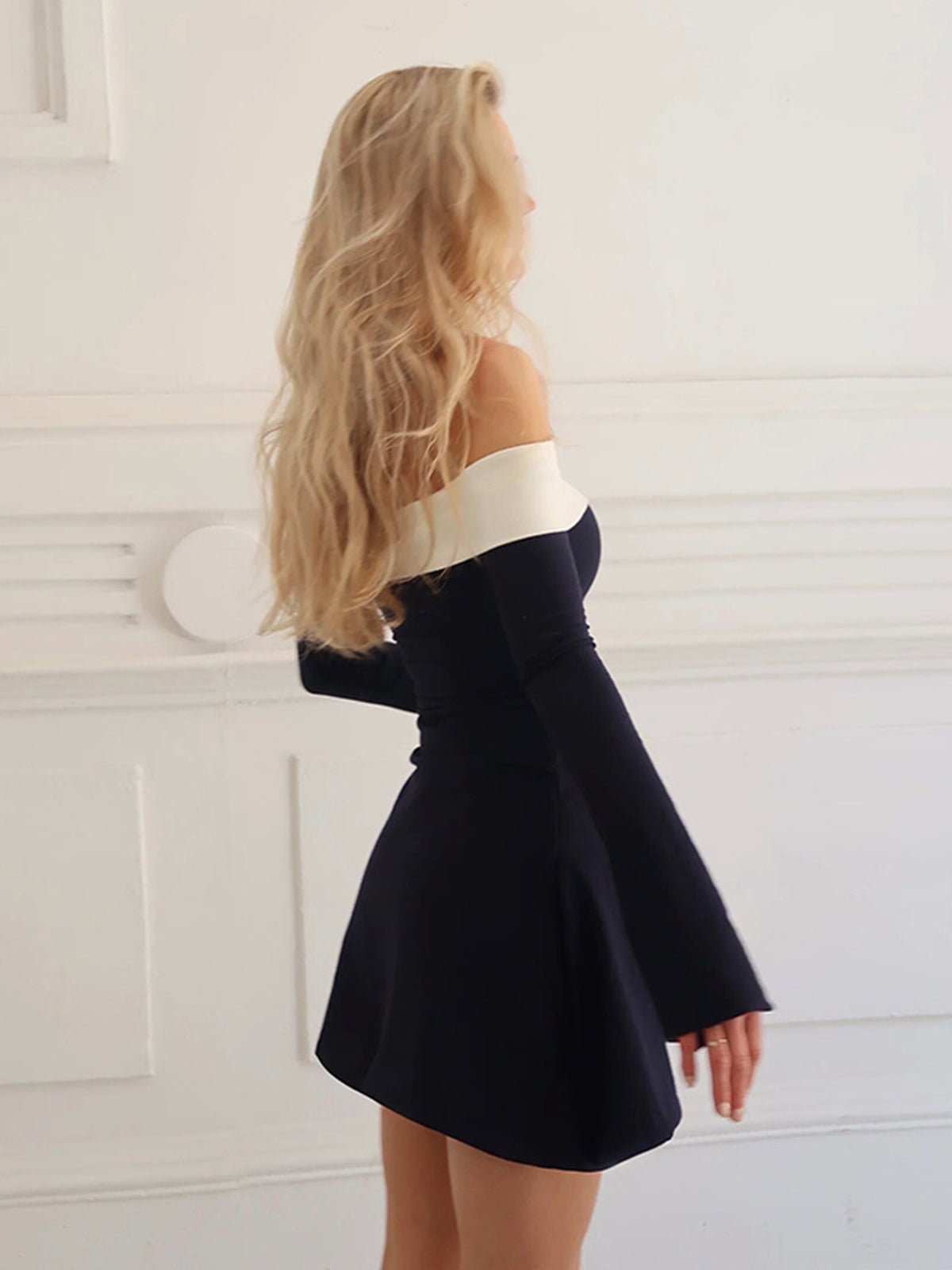 Color Block Off-Shoulder Long Sleeve Short Dress-Massicos