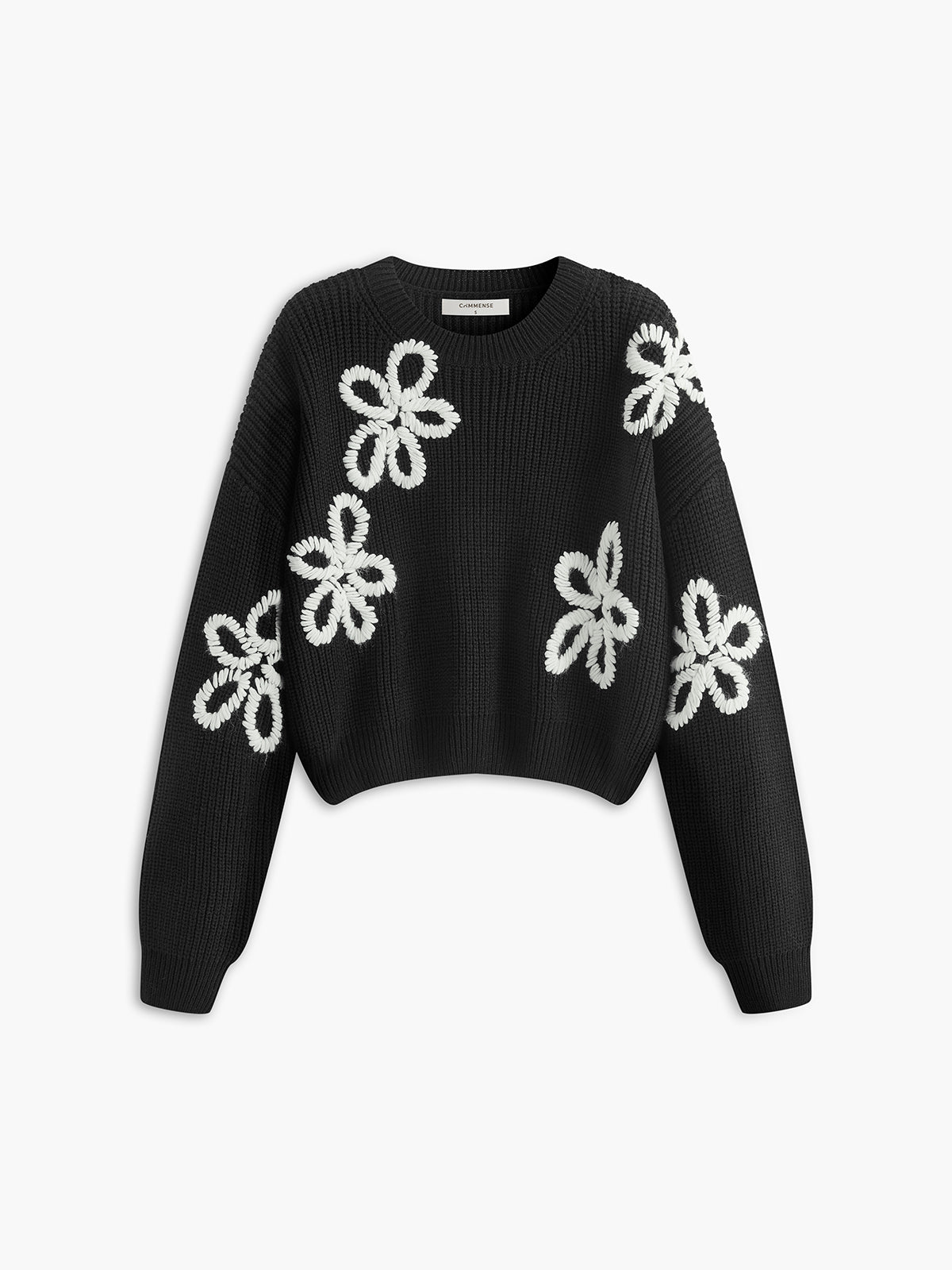 Crew Neck Ribbed Floral Knit Top-Massicos
