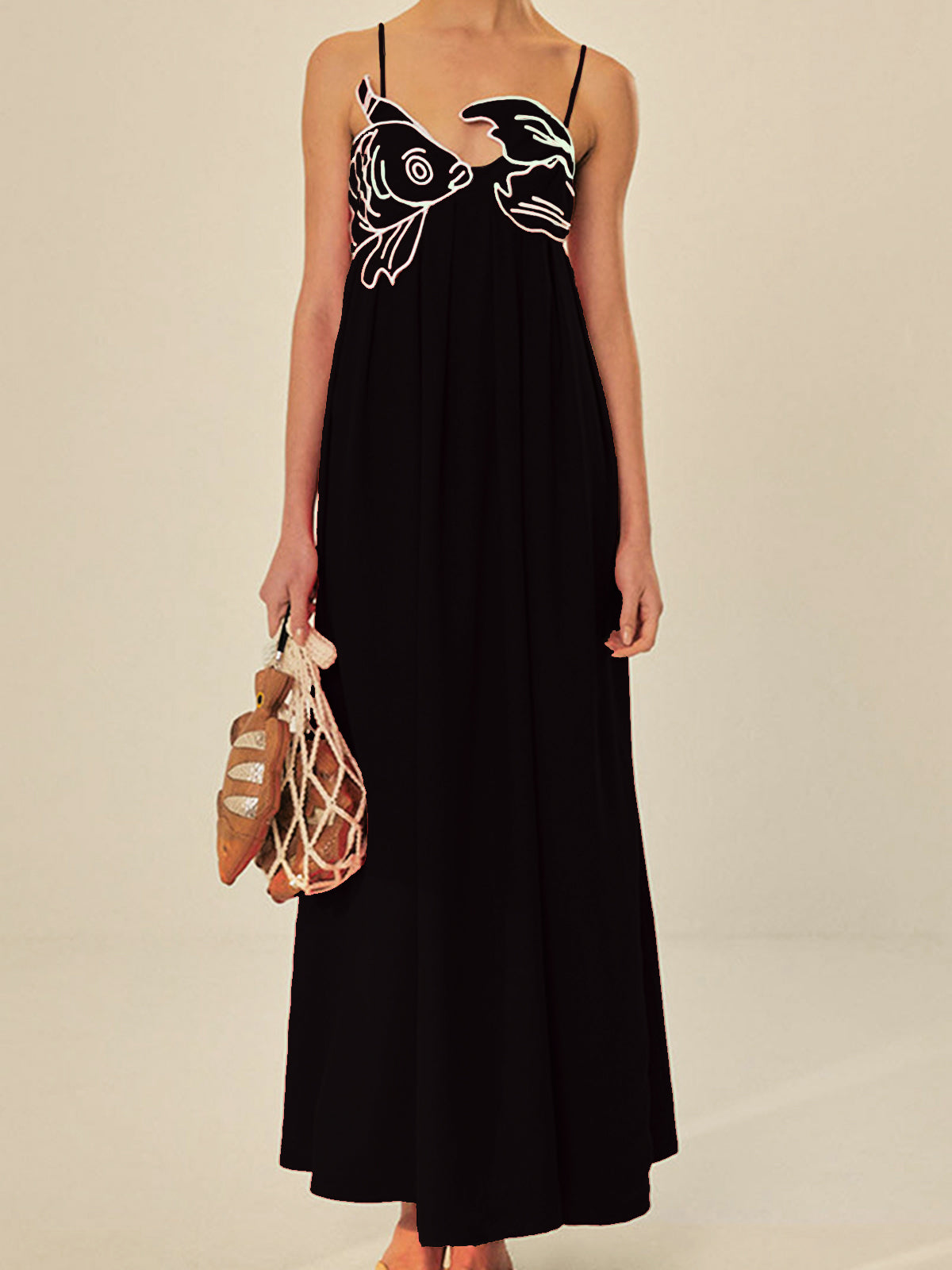 Embroidered Fish Semi-Sheer Cami Dress-Massicos