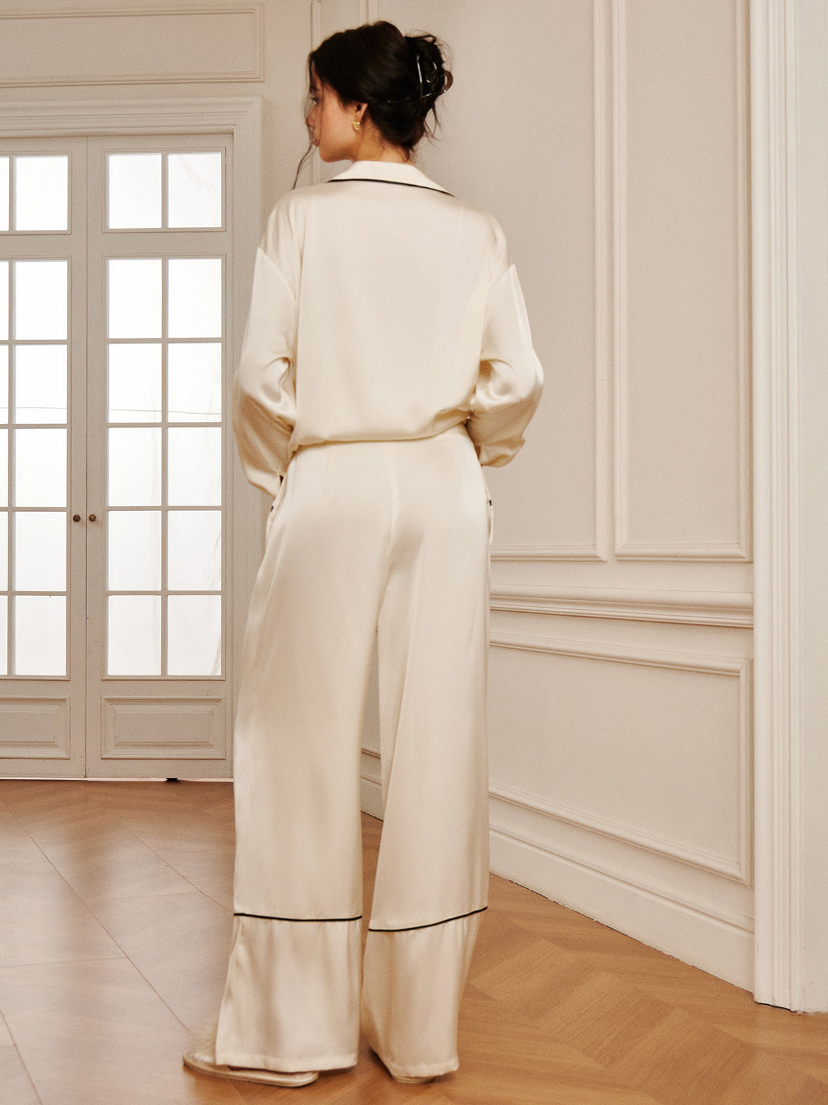 Home Satin Piping Wide-Leg Pants-Massicos