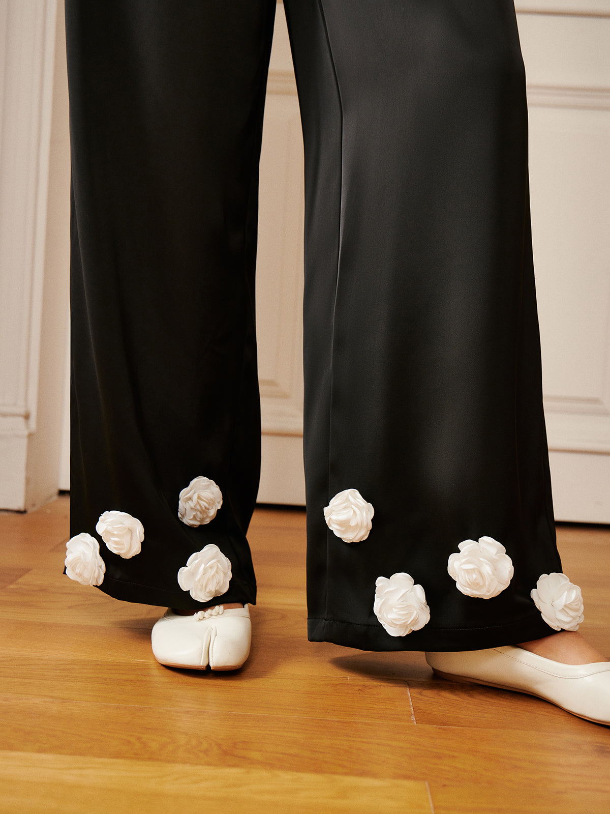 Satin 3D Flower Button Pants-Massicos