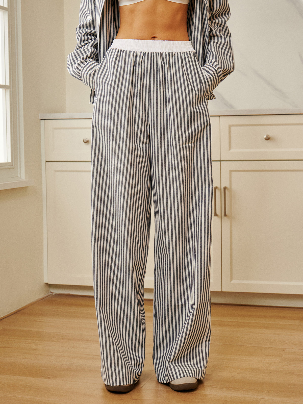 Pinstripe Contrast Binding Wide Leg Pants-Massicos