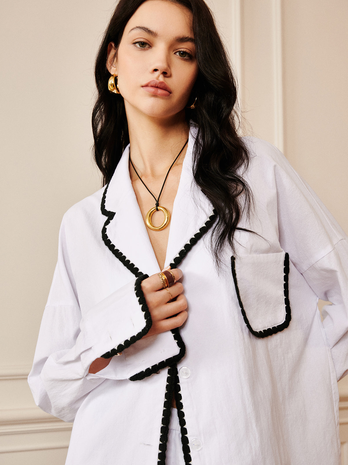Pure Cotton Contrast Trim Lapel Shirt-Massicos