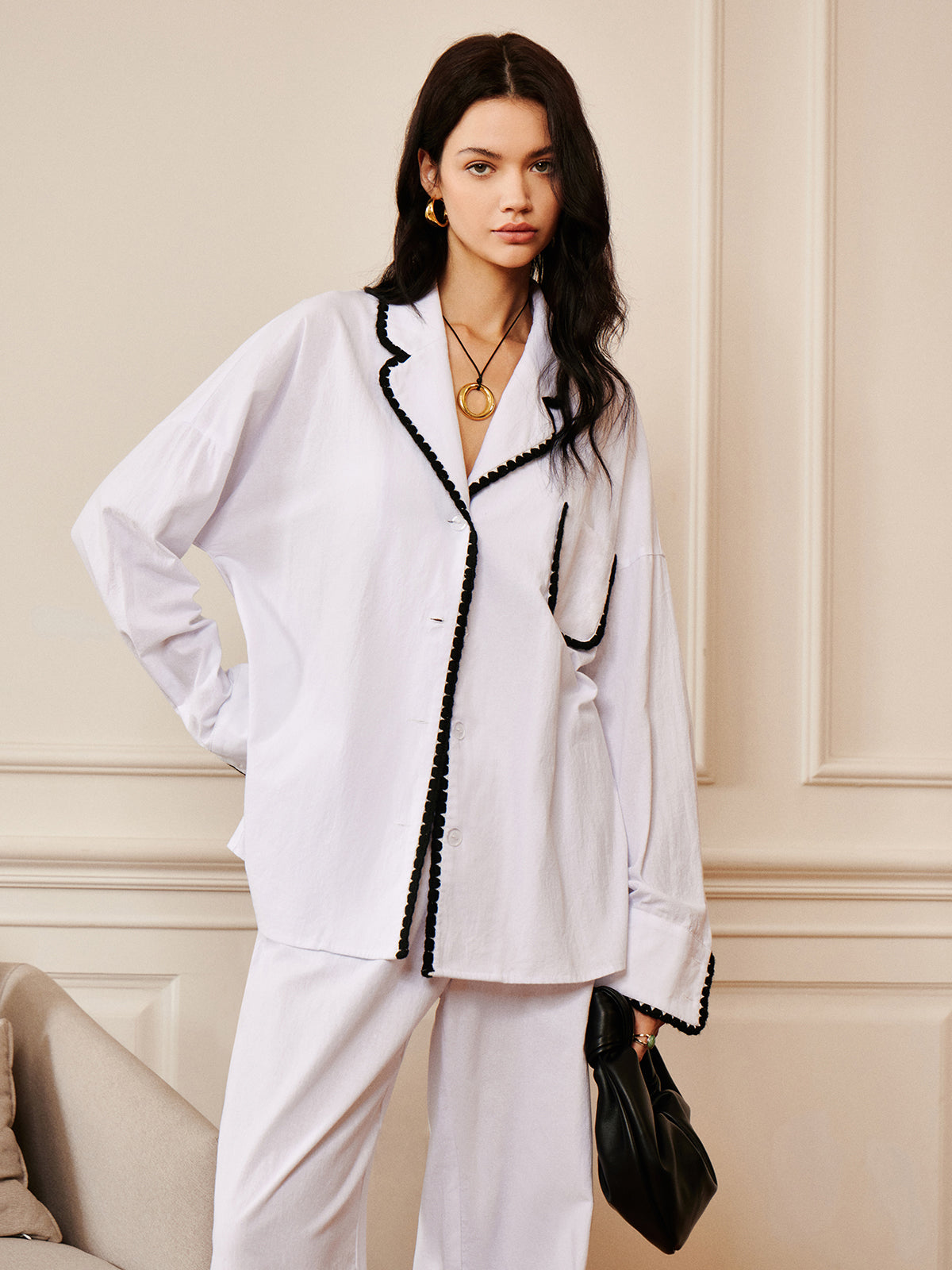 Pure Cotton Contrast Trim Lapel Shirt-Massicos