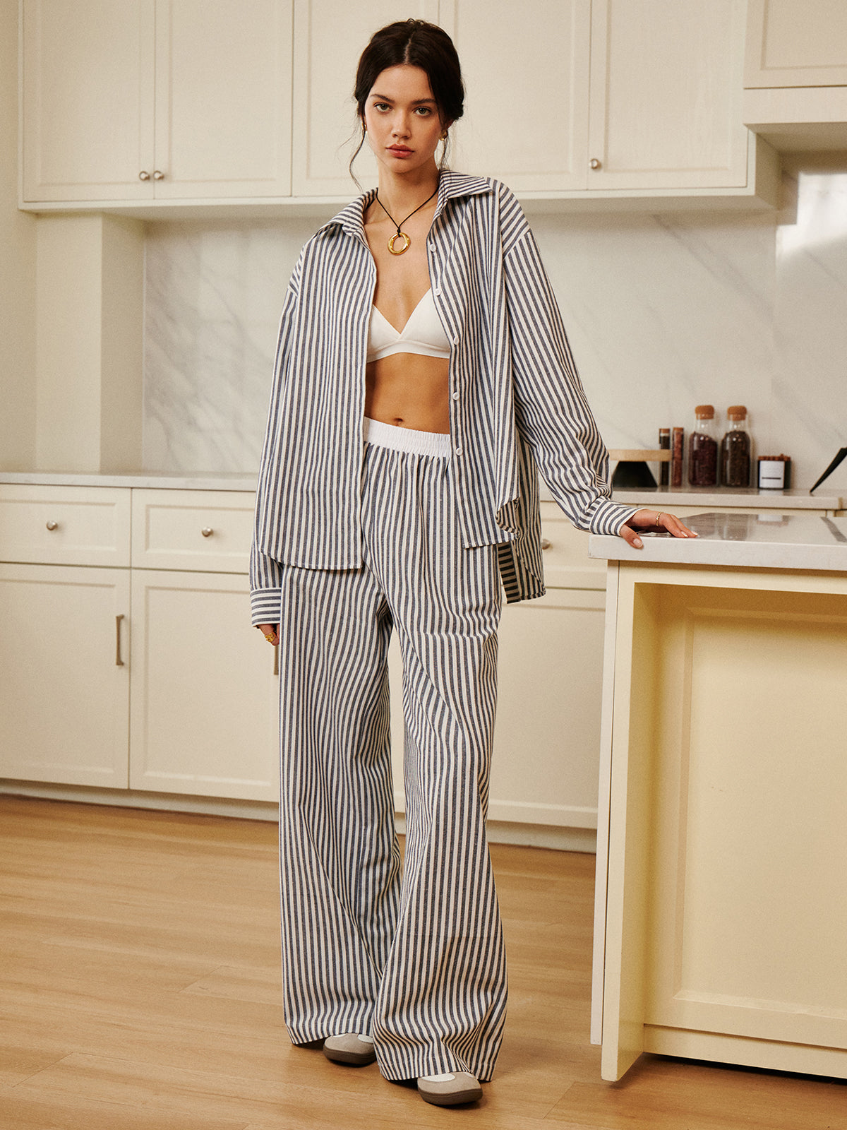Cotton & Linen Pinstripe Loose Shirt-Massicos