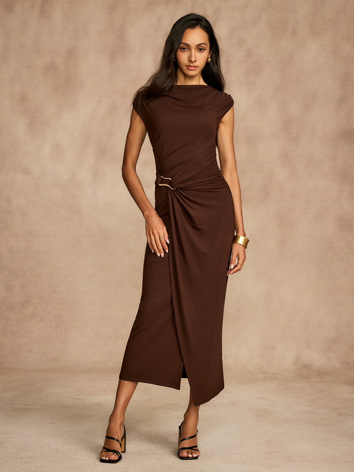 Pure Cotton Cap Sleeve Draped Dress-Massicos