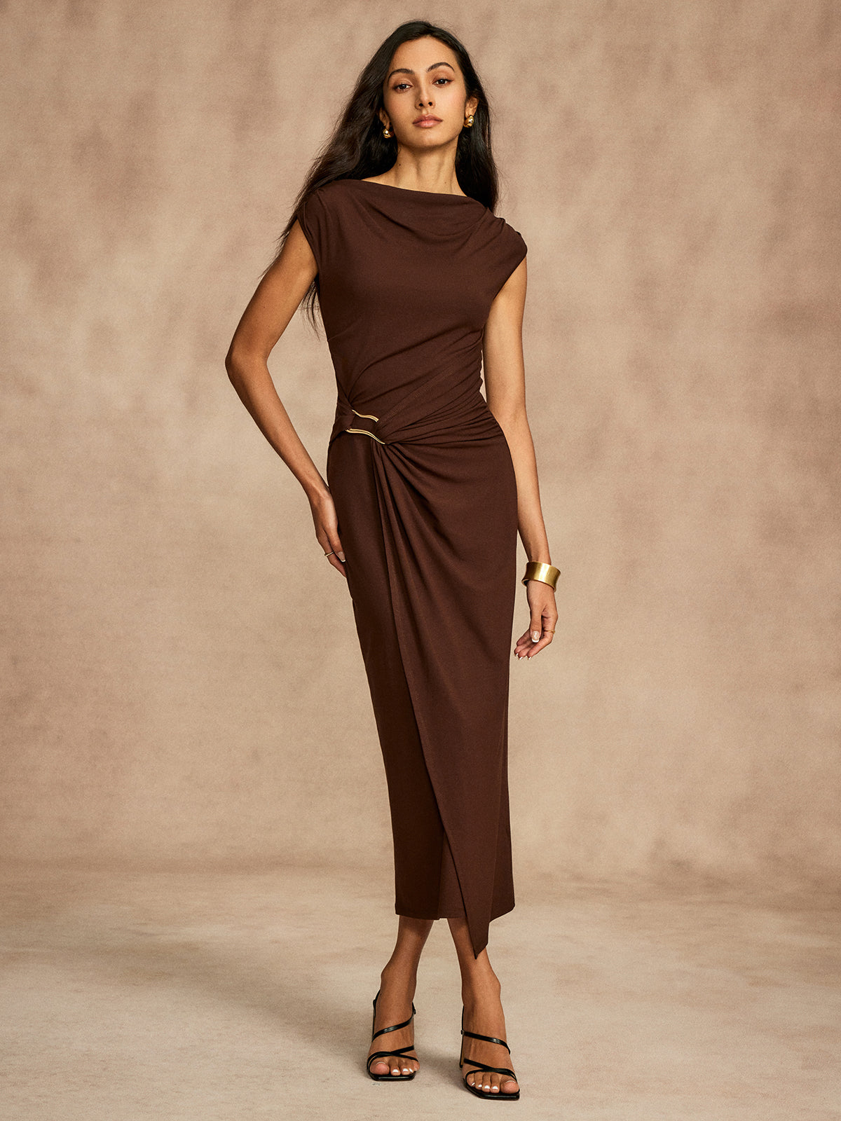Pure Cotton Cap Sleeve Draped Dress-Massicos