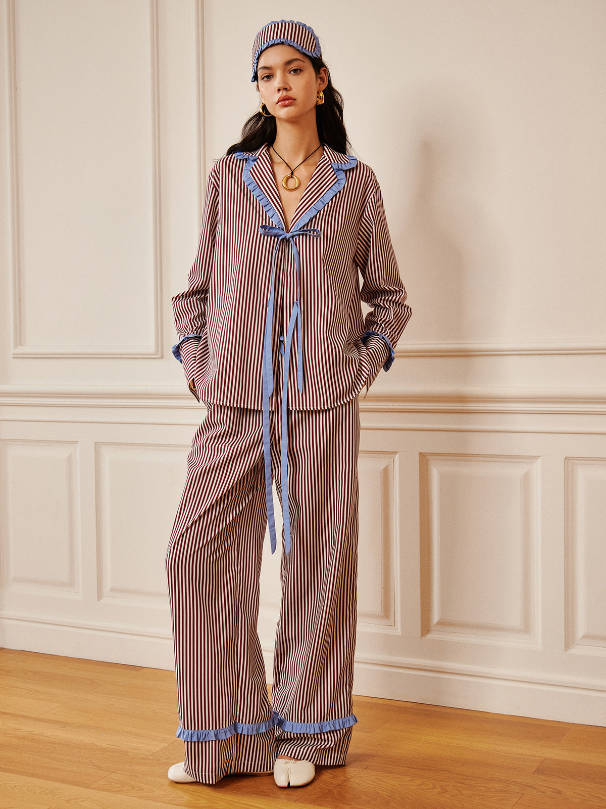 Pinstripe Ruffle Tie Front Shirt-Massicos