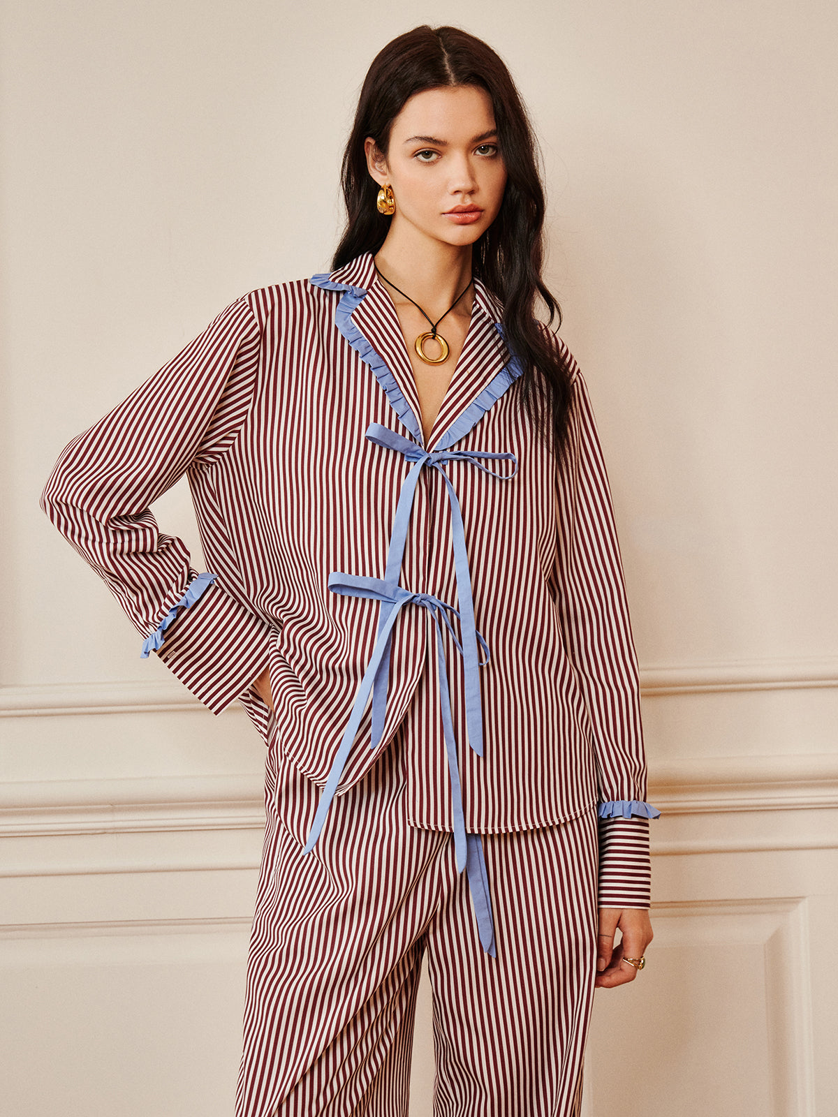 Pinstripe Ruffle Tie Front Shirt-Massicos