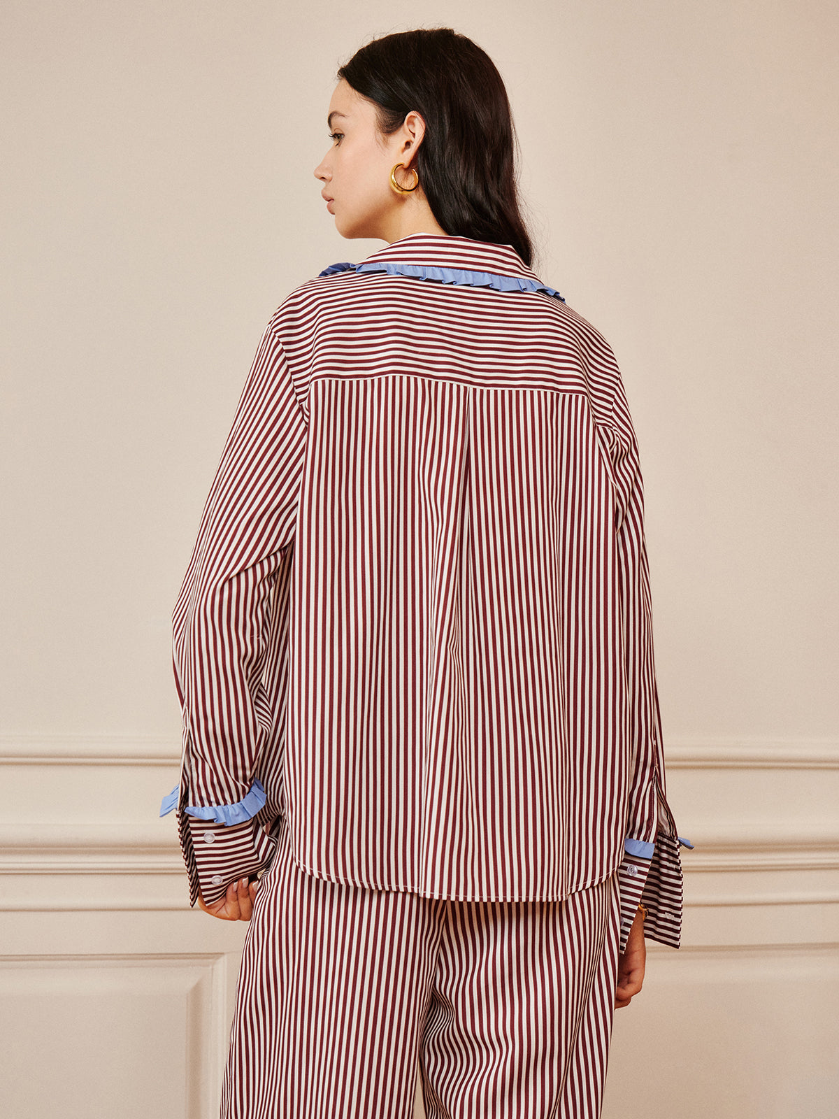 Pinstripe Ruffle Tie Front Shirt-Massicos