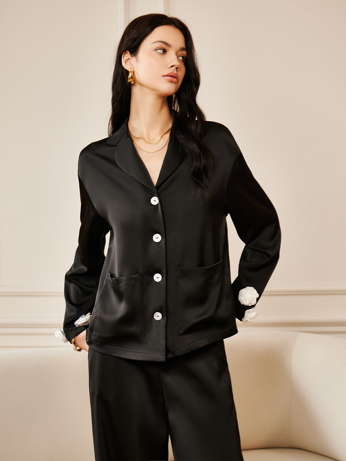 Satin 3D Flower Pocket Shirt-Massicos