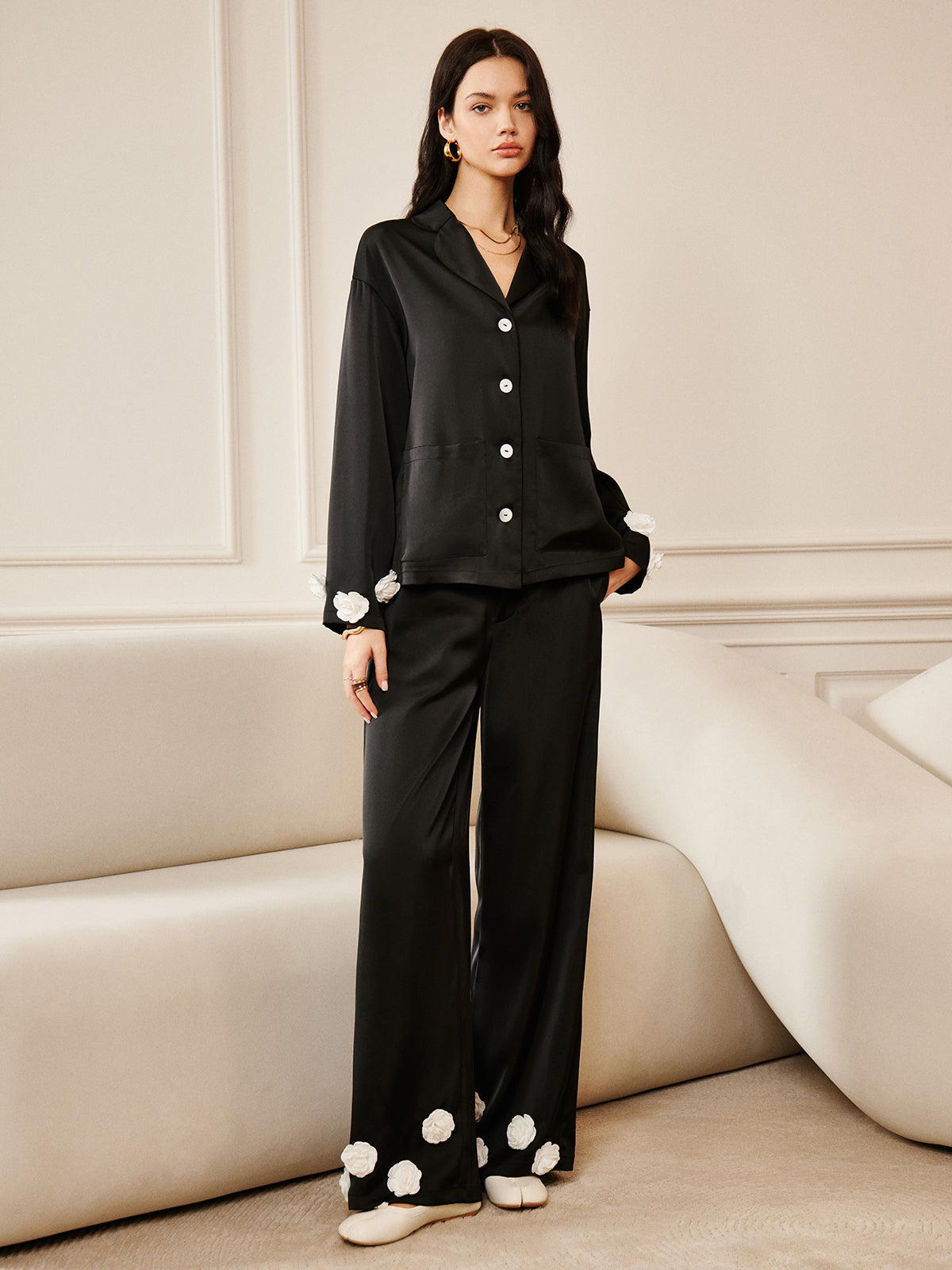 Satin 3D Flower Pocket Shirt-Massicos