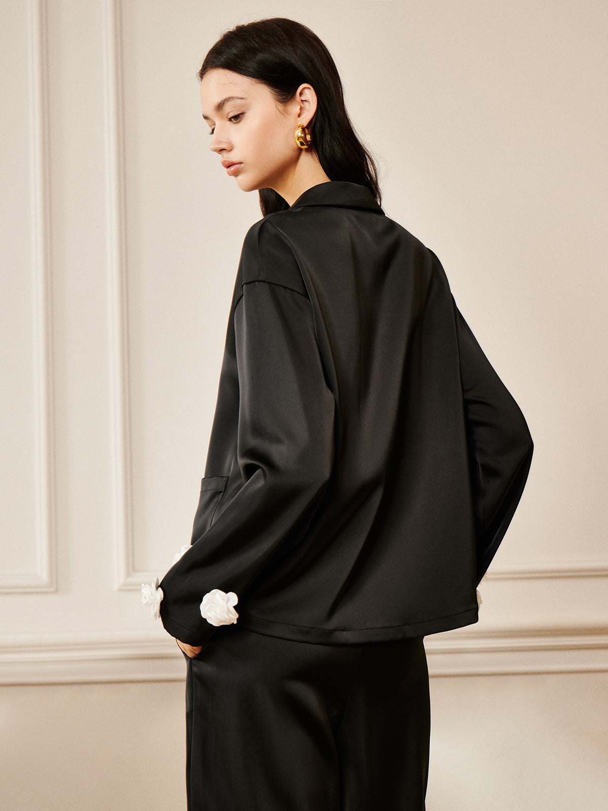 Satin 3D Flower Pocket Shirt-Massicos