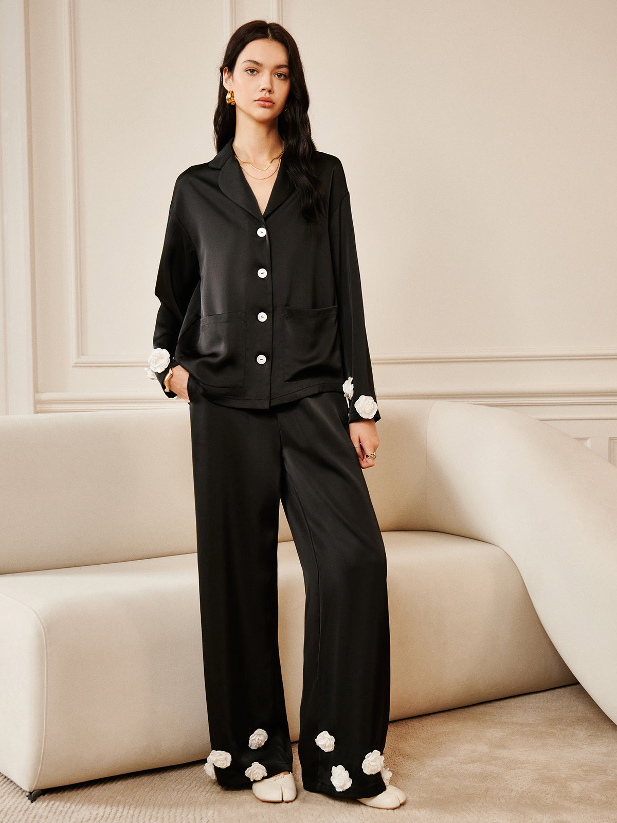 Satin 3D Flower Button Pants-Massicos