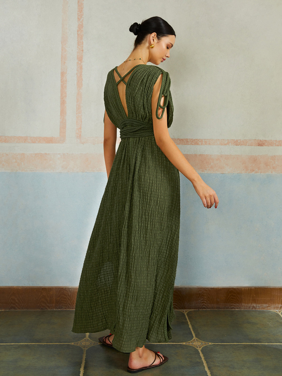 Casual Pleated Belted Long Dress-Massicos