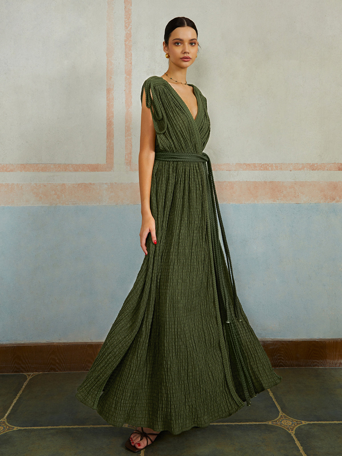 Casual Pleated Belted Long Dress-Massicos