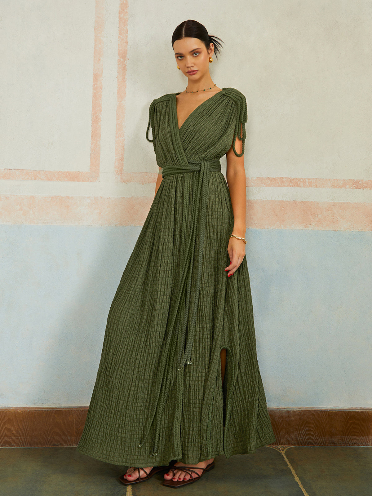 Casual Pleated Belted Long Dress-Massicos