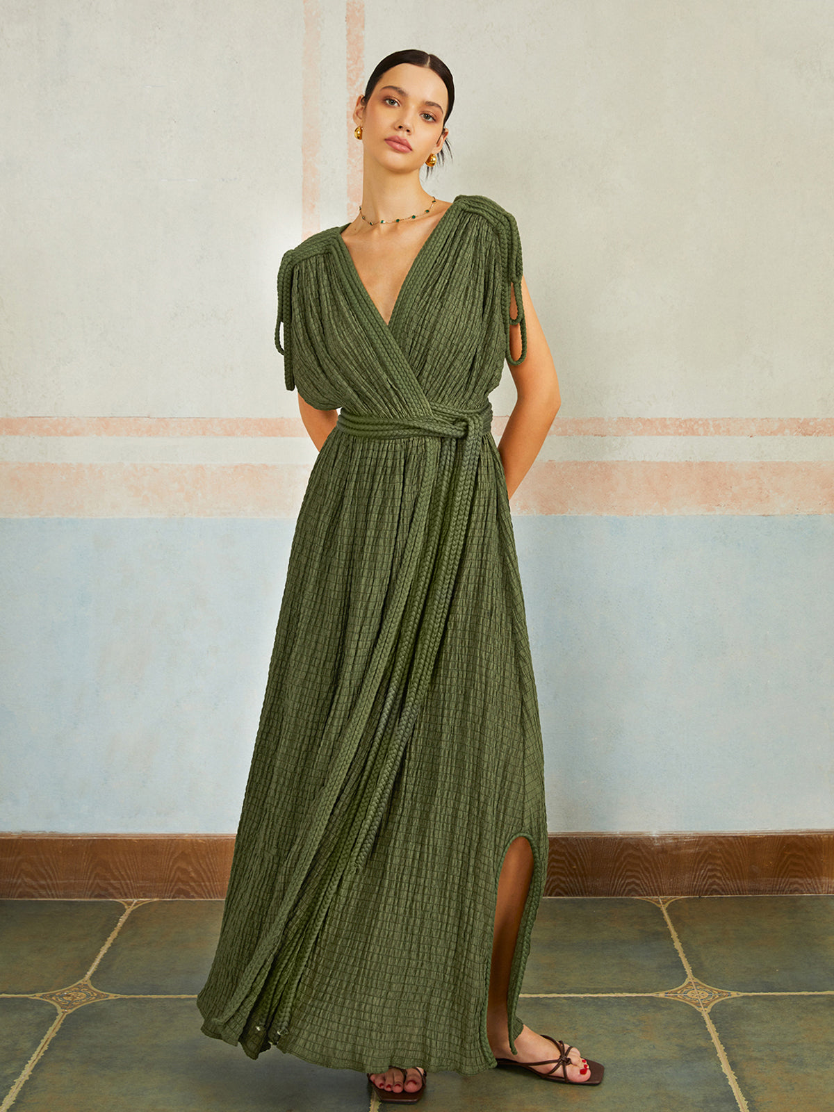 Casual Pleated Belted Long Dress-Massicos