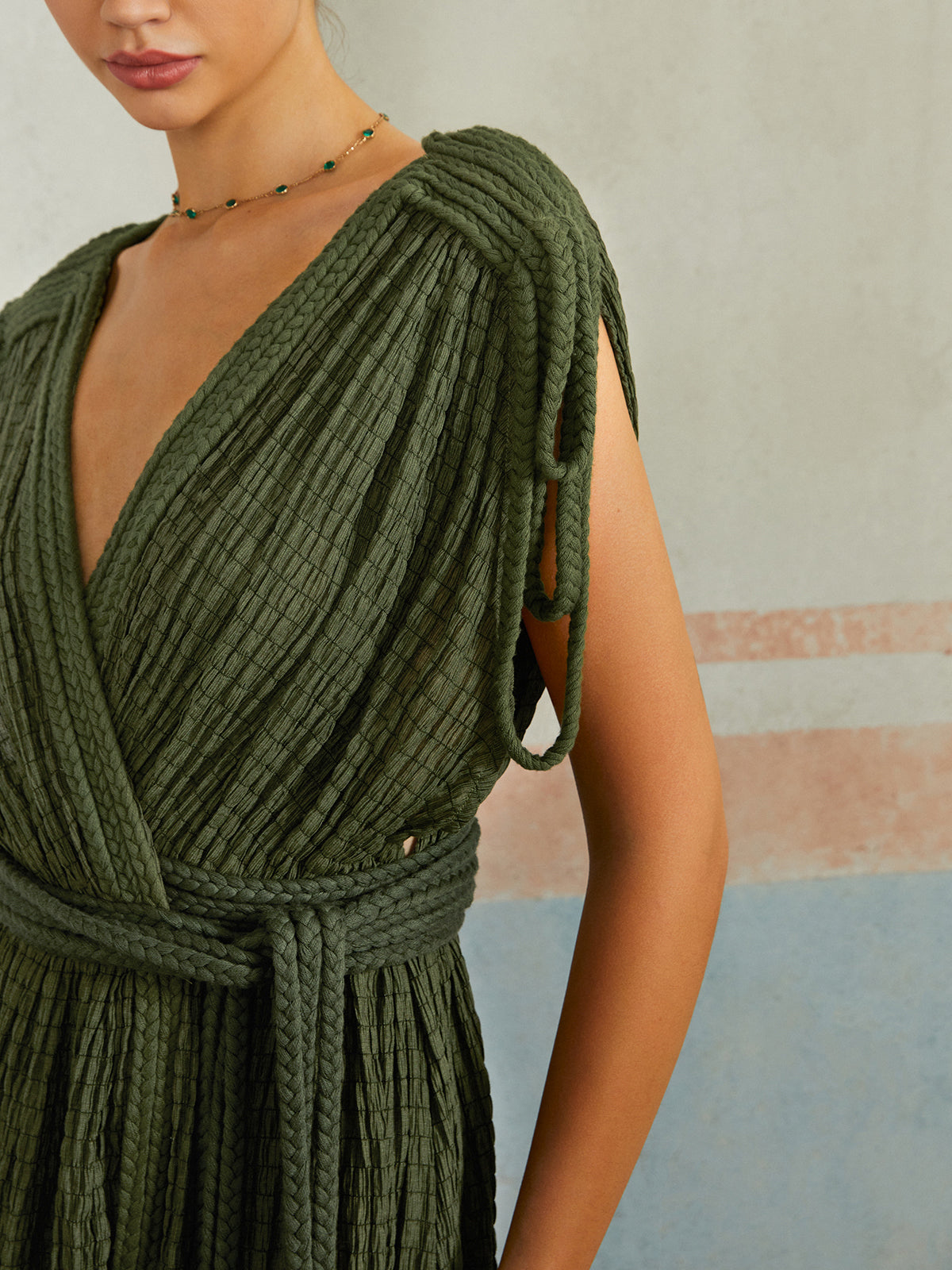 Casual Pleated Belted Long Dress-Massicos