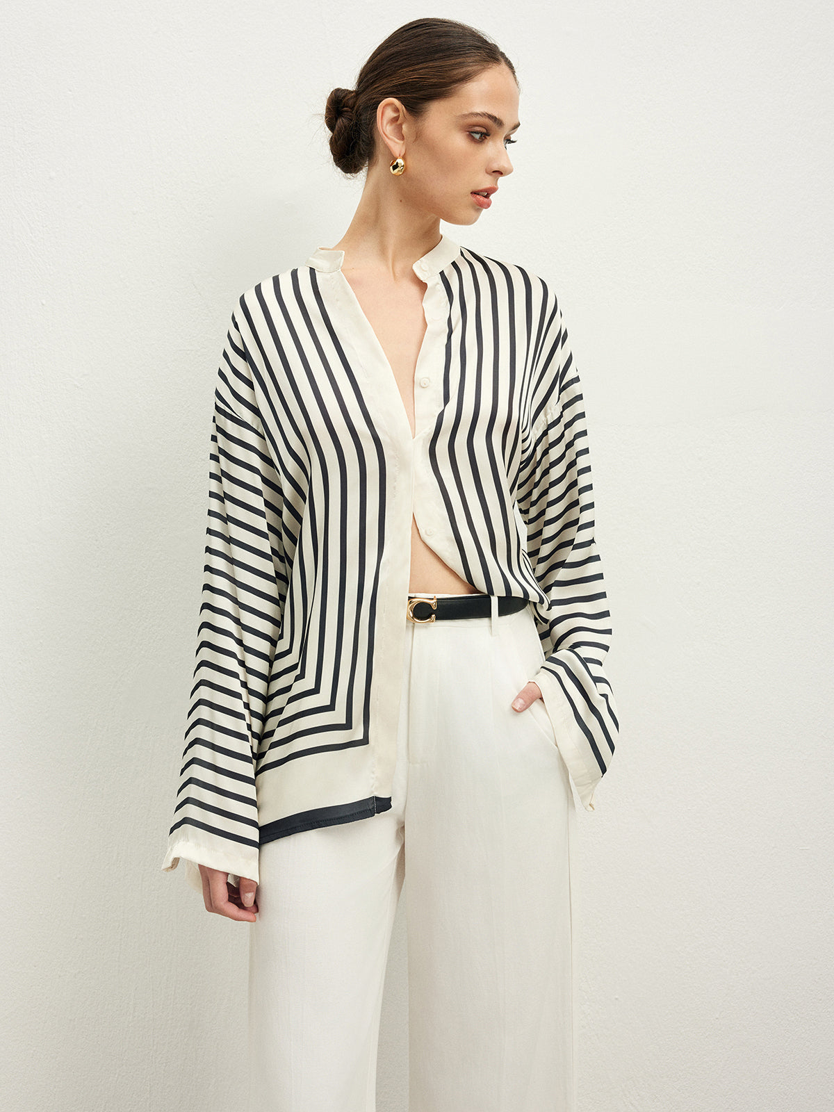 Satin Striped Button Cozy Blouse-Massicos