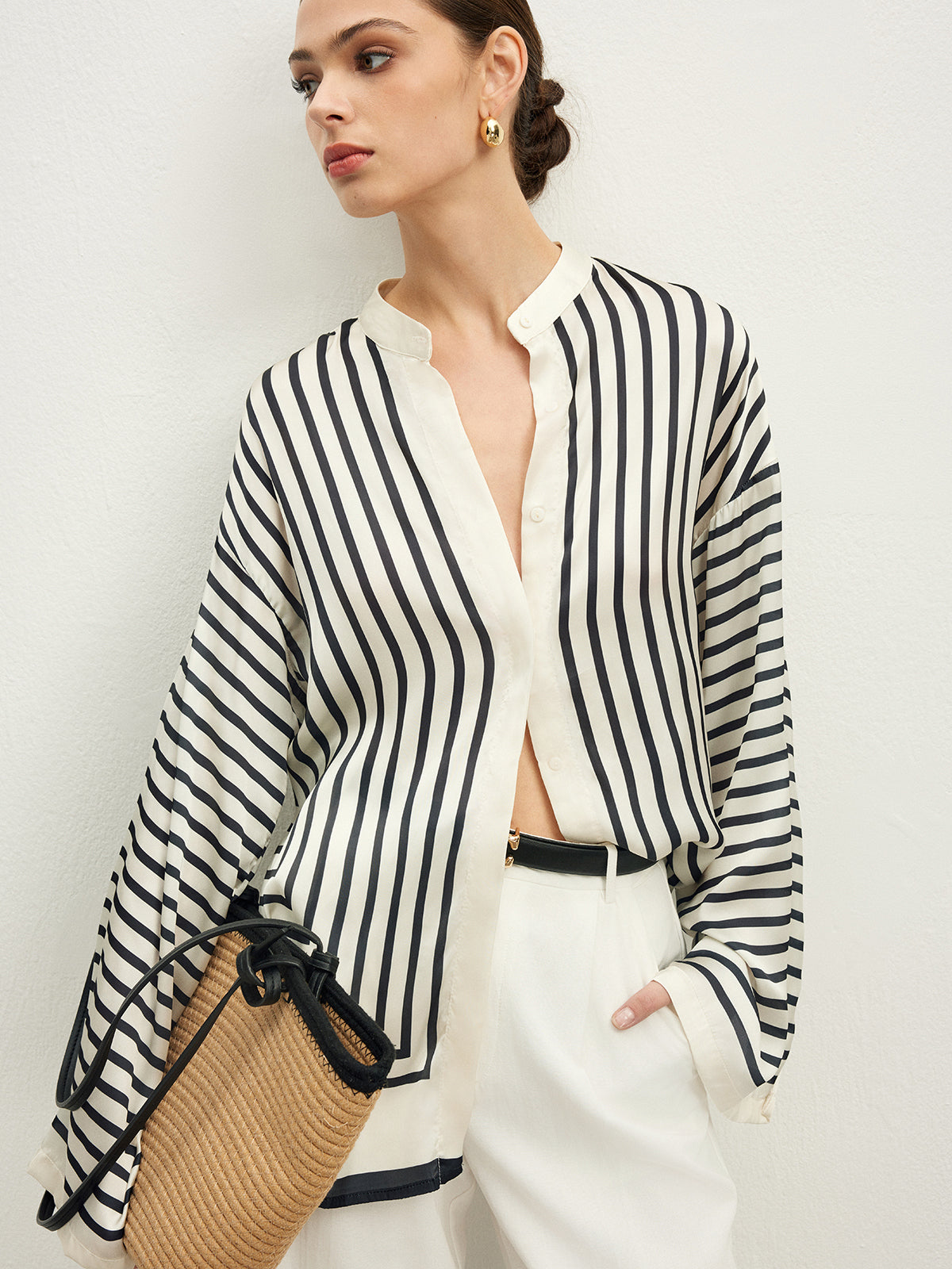 Satin Striped Button Cozy Blouse-Massicos