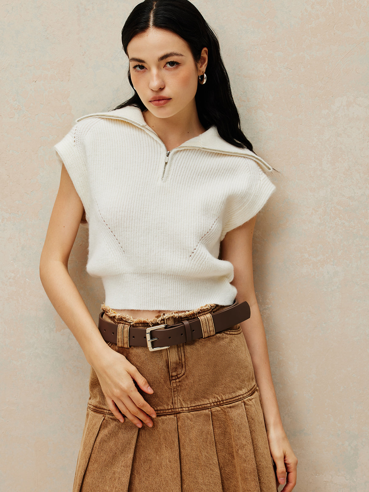 Ribbed Lapel Zipper Sweater Vest-Massicos