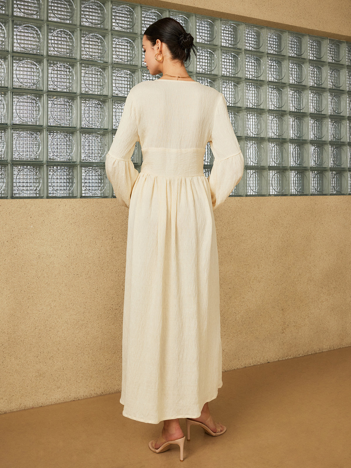 Boho Lantern Sleeve Button-Front Long Split Dress-Massicos