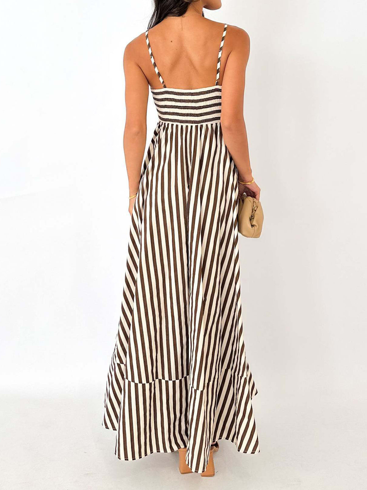 Striped Pleated Cami Long Dress-Massicos