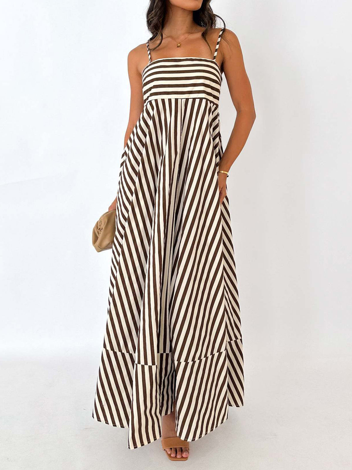 Striped Pleated Cami Long Dress-Massicos