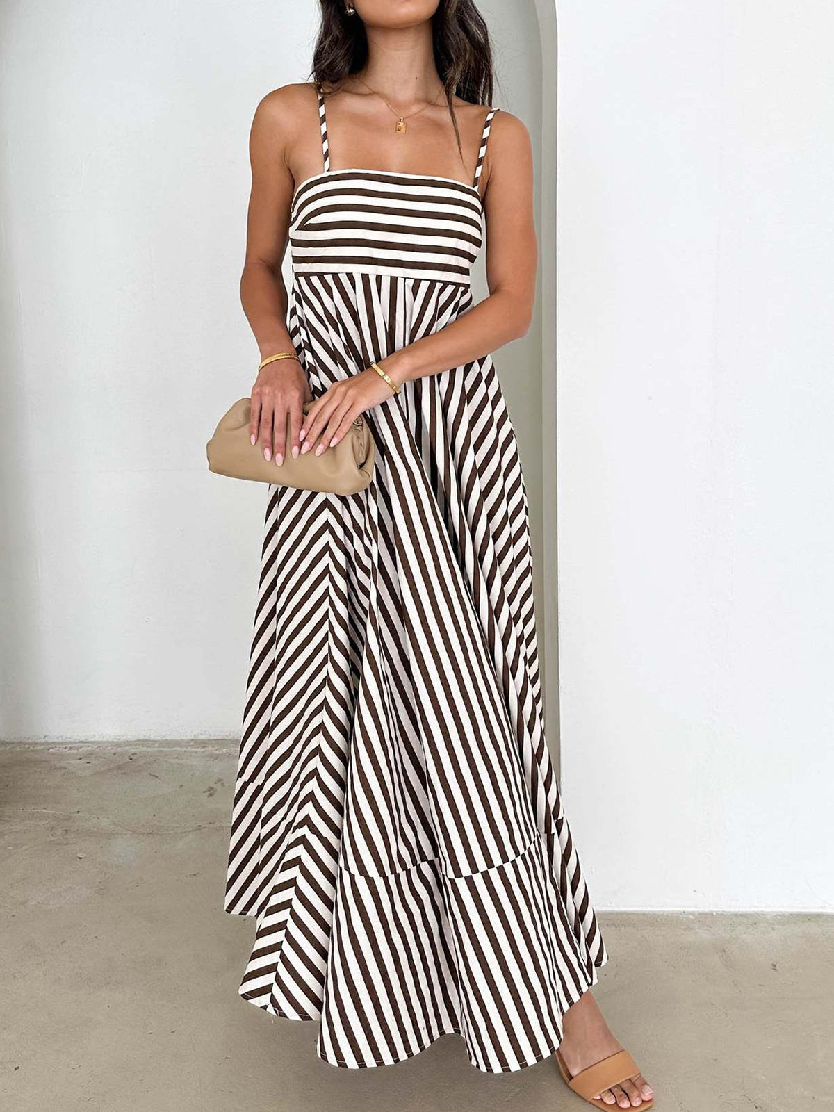 Striped Pleated Cami Long Dress-Massicos