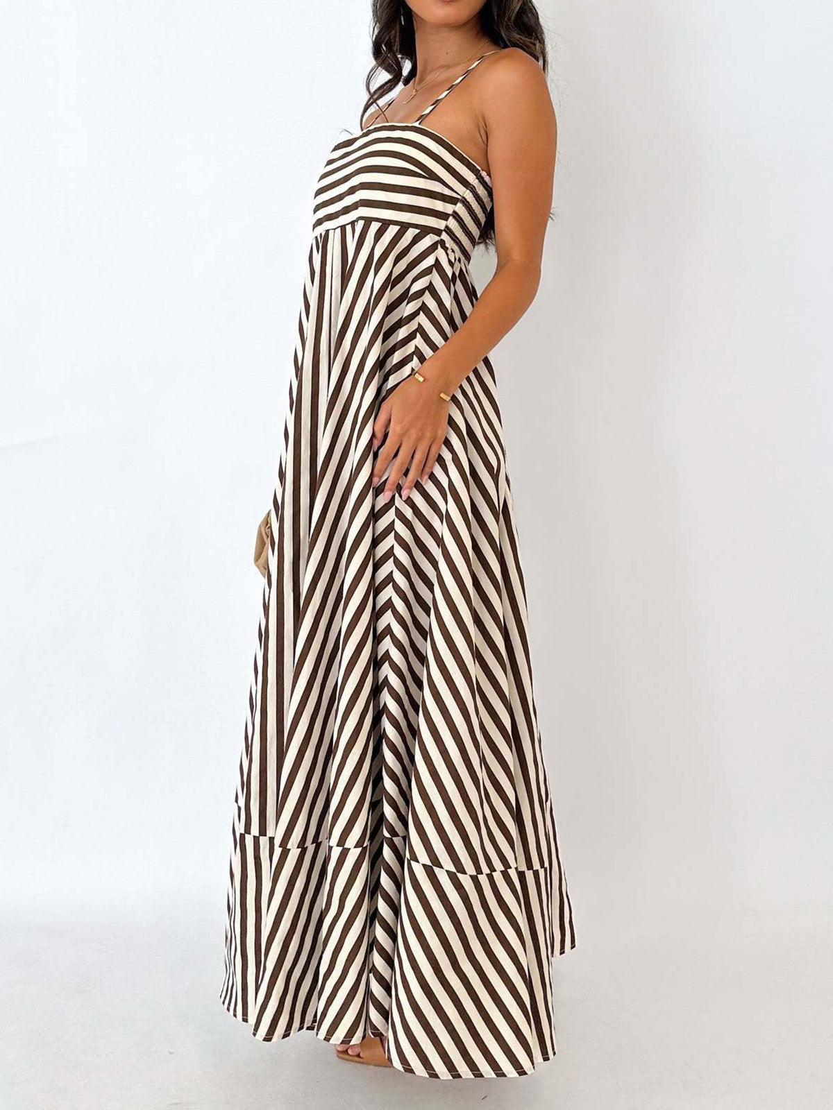 Striped Pleated Cami Long Dress-Massicos