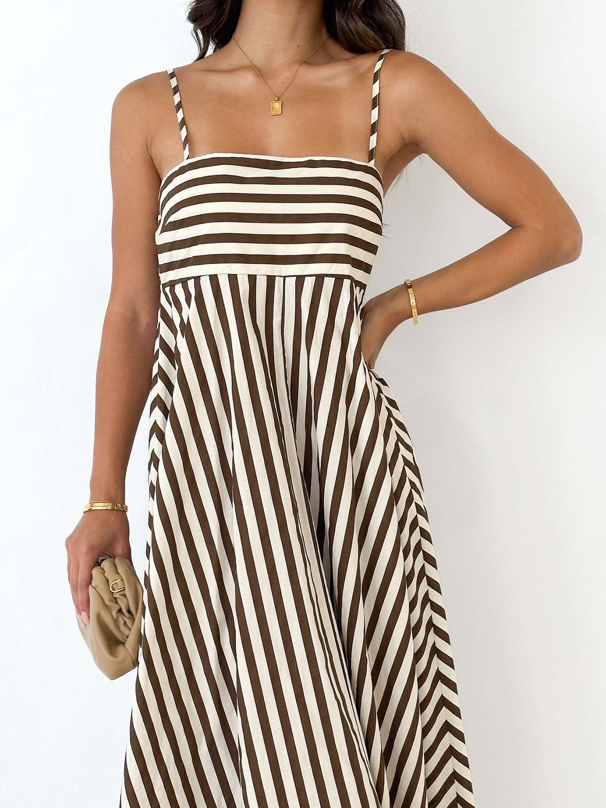Striped Pleated Cami Long Dress-Massicos