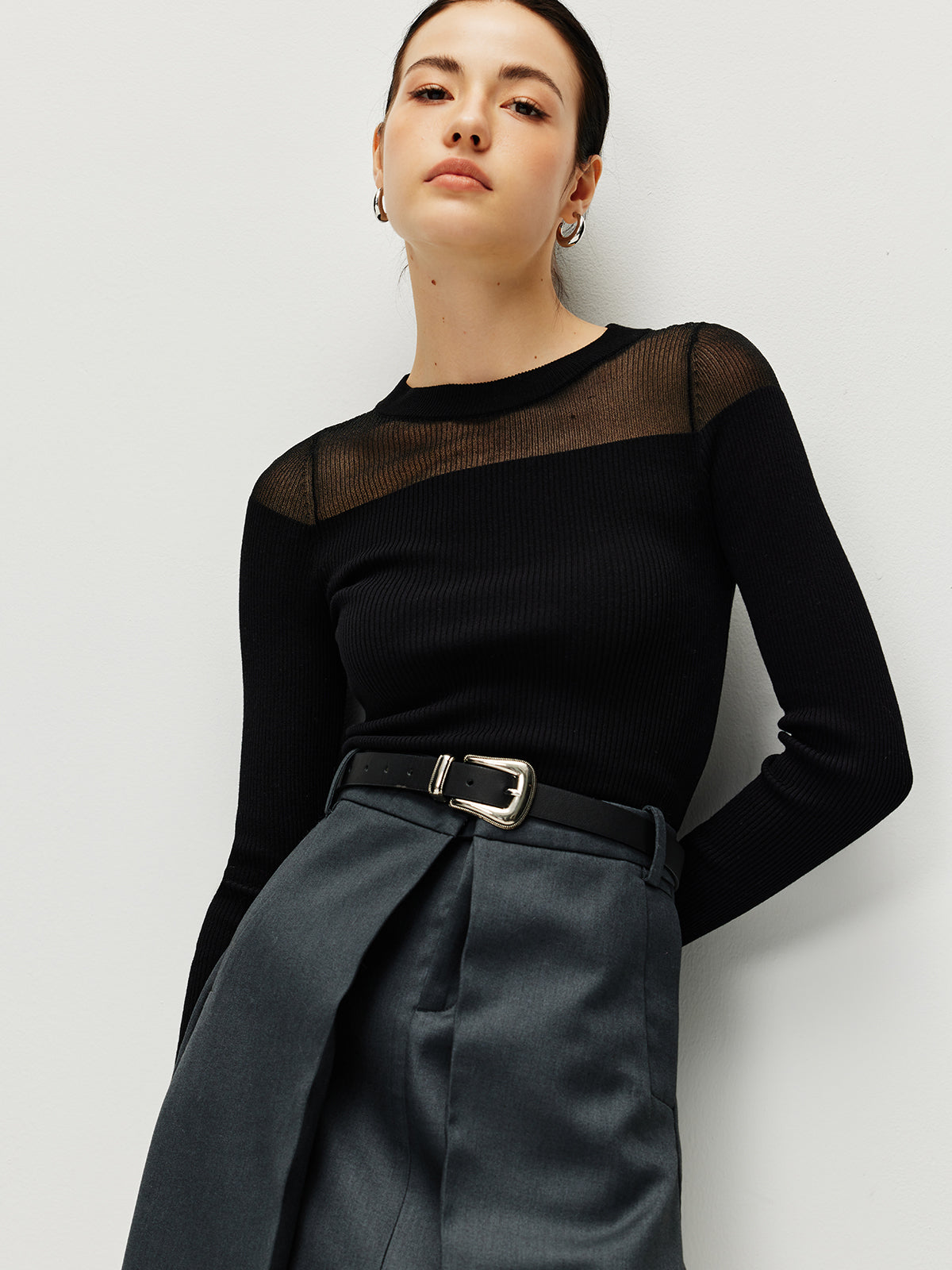 Semi-Sheer Panel Sweater-Massicos