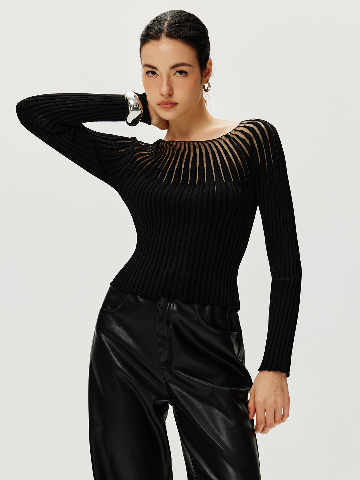 Ribbed Hollow Sweater-Massicos