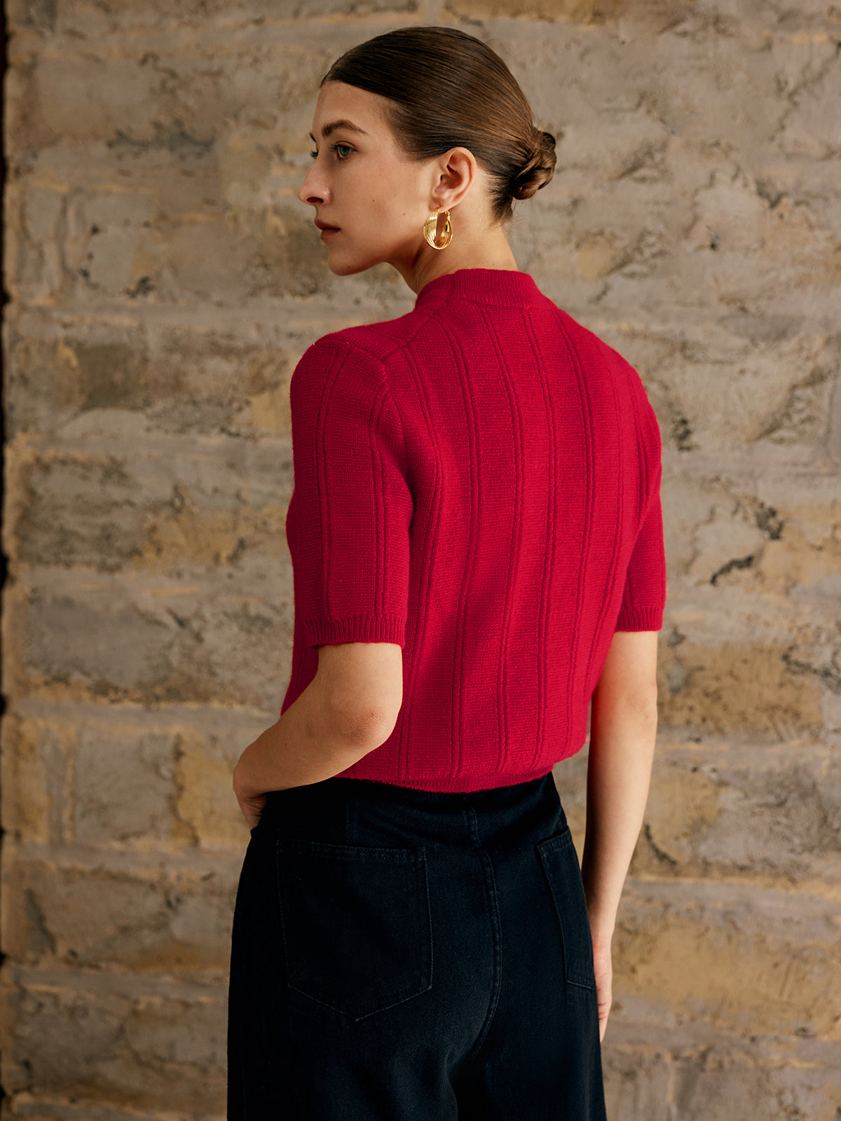 Retro Plain Ribbed Knit Top-Massicos