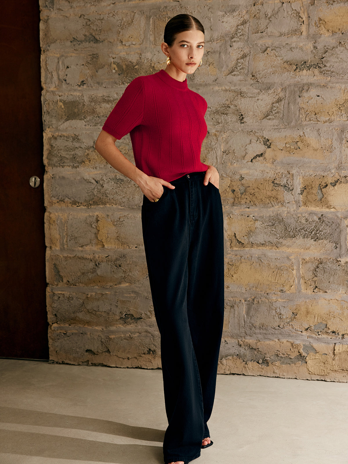 Retro Plain Ribbed Knit Top-Massicos