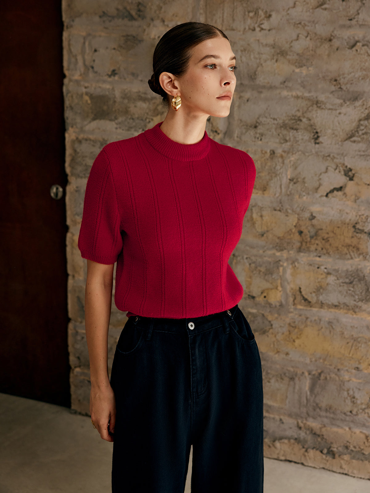 Retro Plain Ribbed Knit Top-Massicos