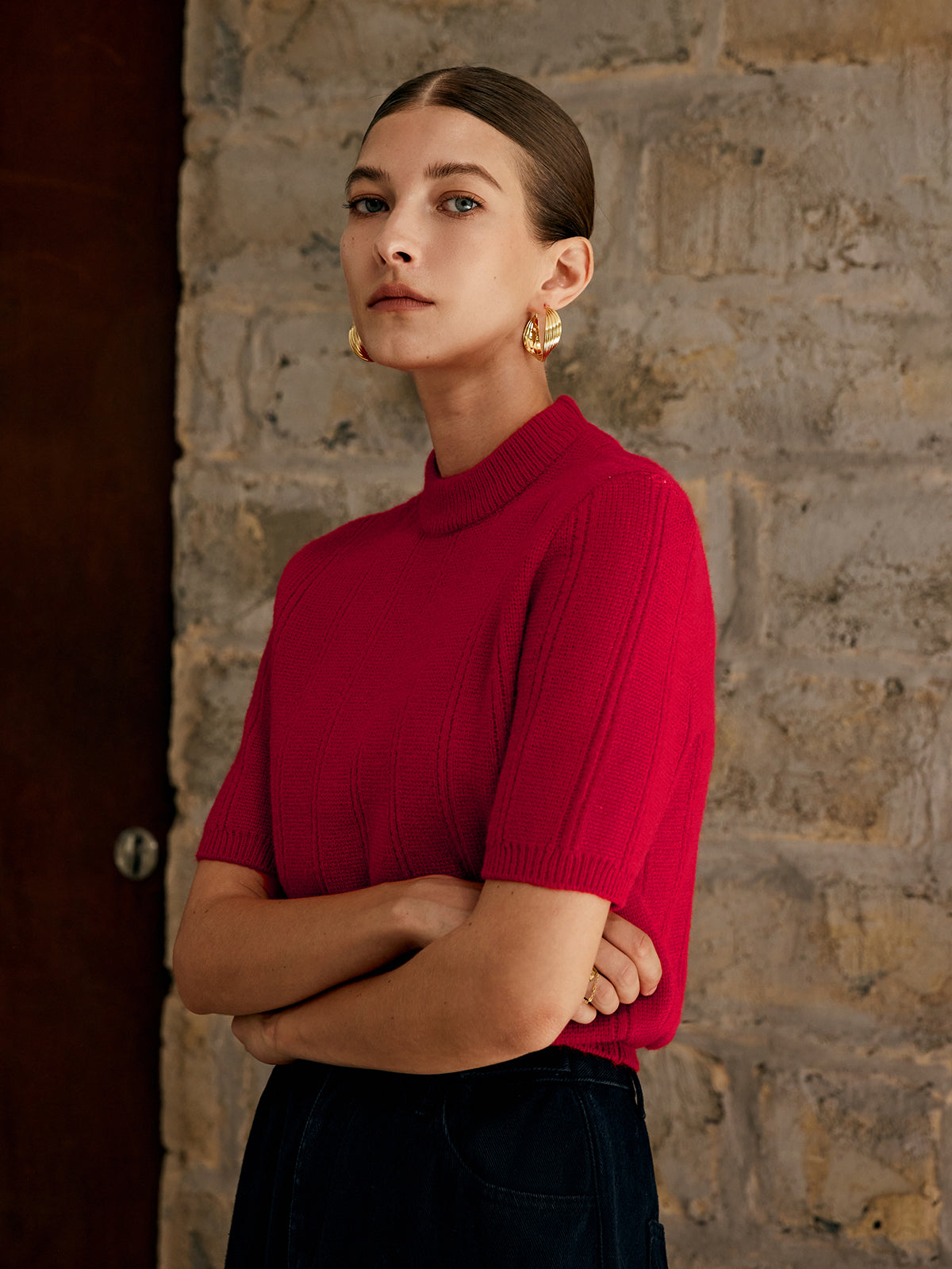 Retro Plain Ribbed Knit Top-Massicos