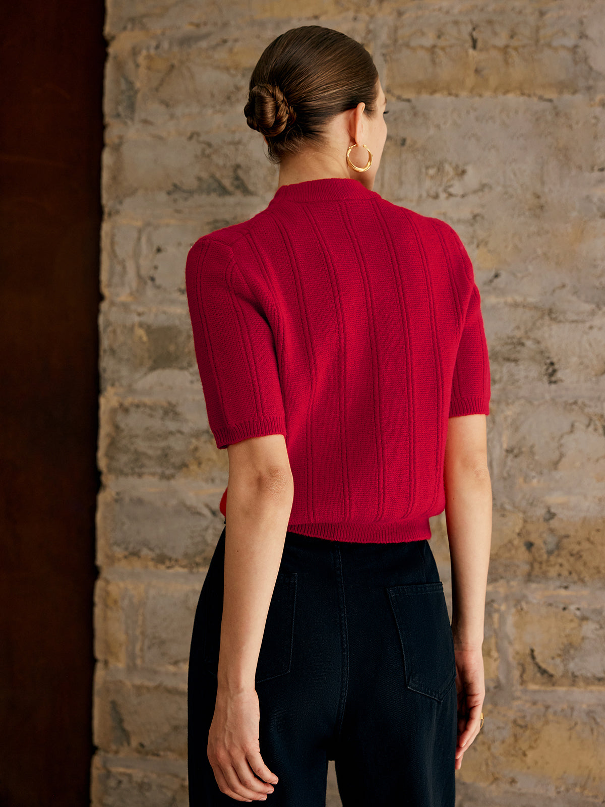 Retro Plain Ribbed Knit Top-Massicos