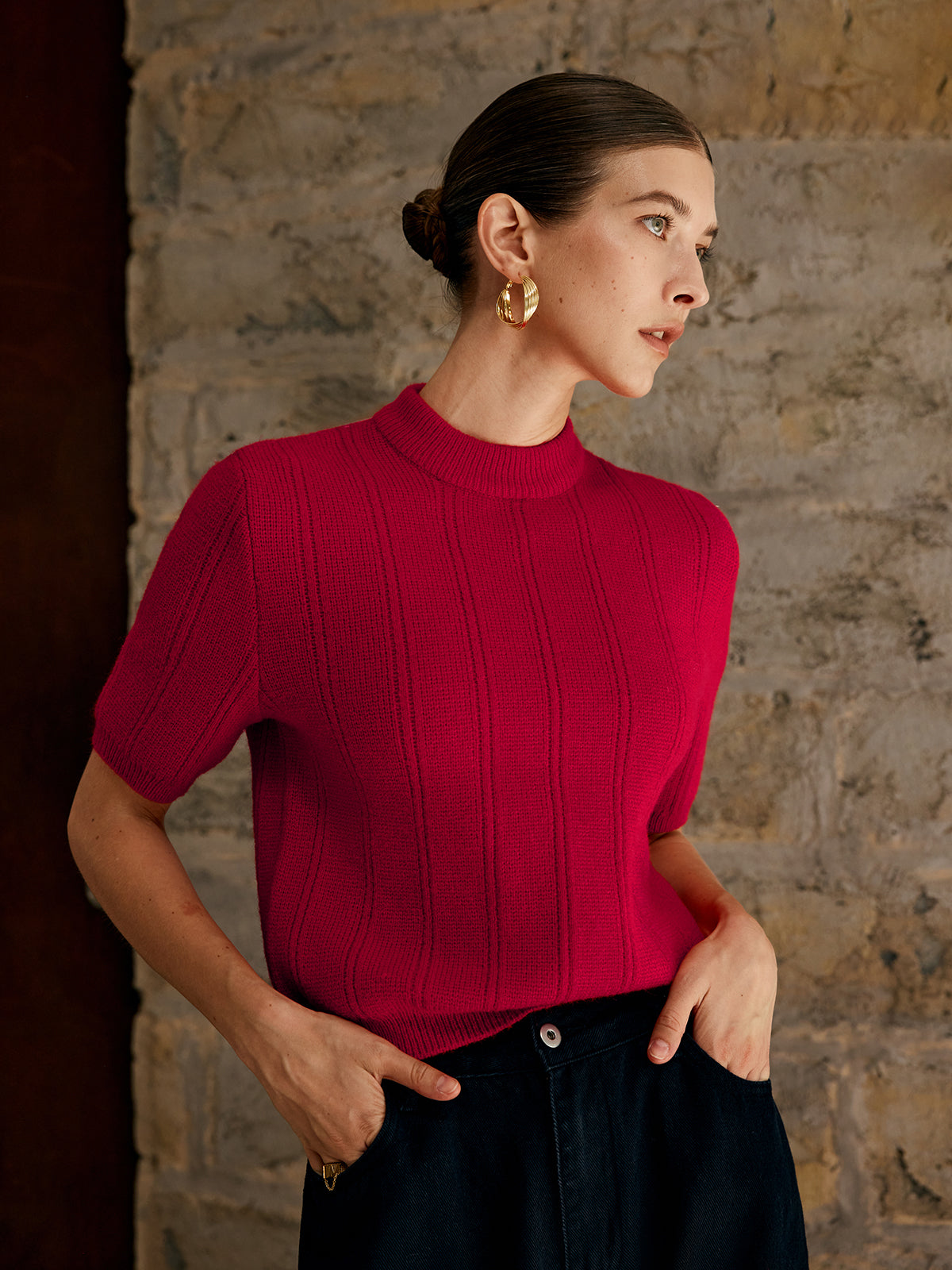 Retro Plain Ribbed Knit Top-Massicos