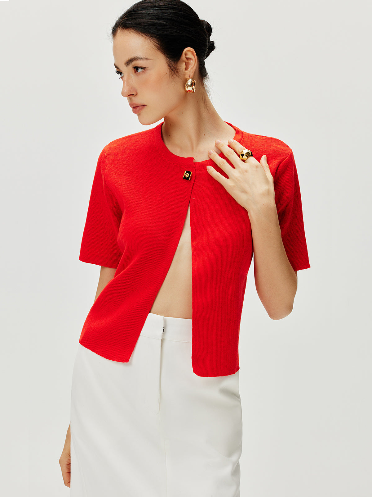 Short Sleeve Button Knit Top-Massicos