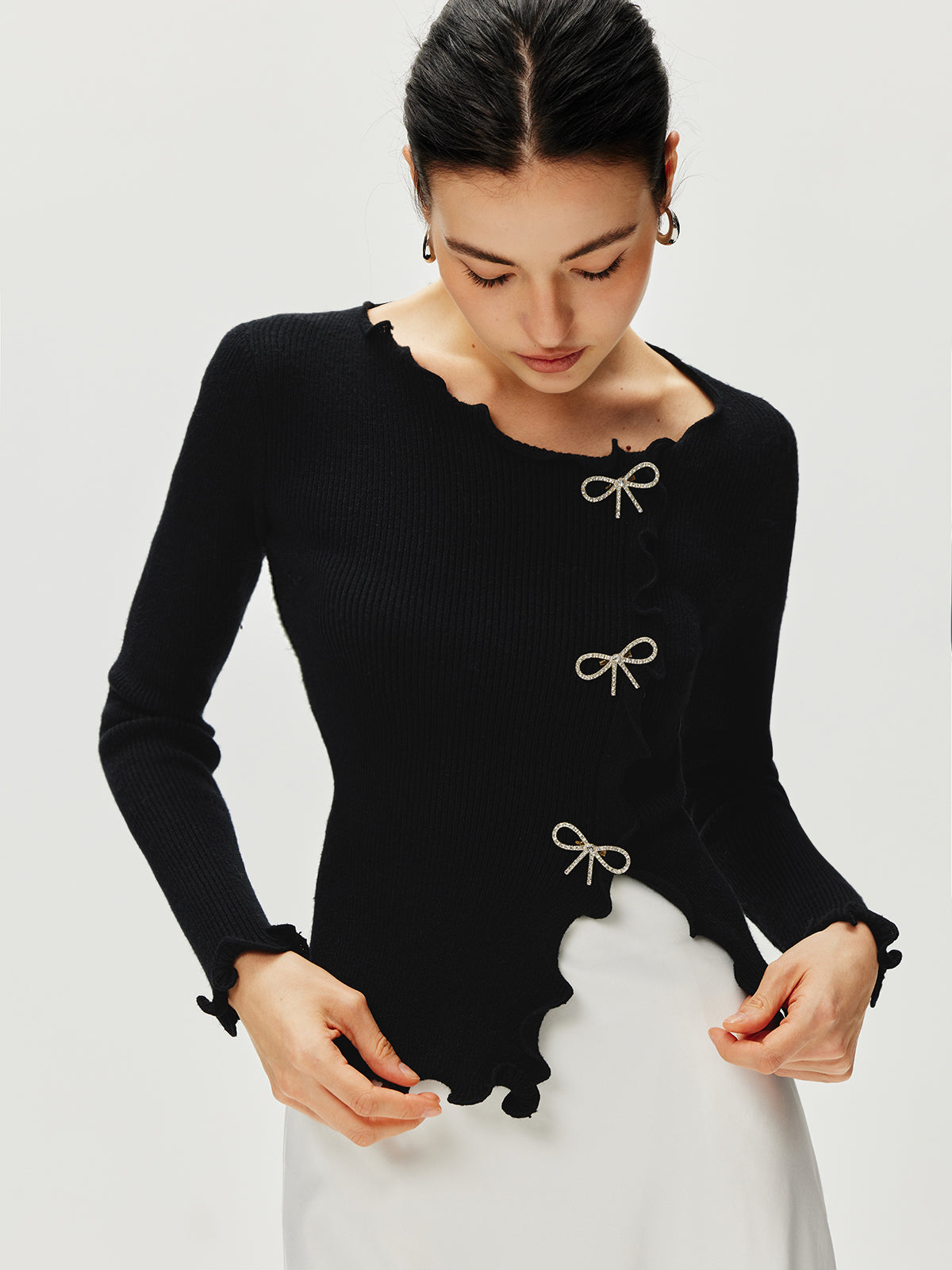 Rhinestone Bow Lettuce Trim Sweater-Massicos