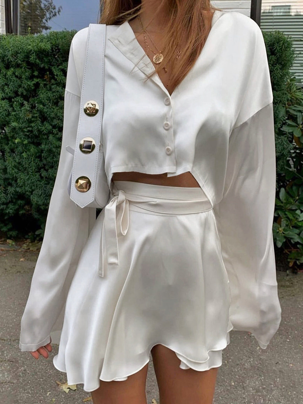 Satin Raw Hem Tied Two Piece Skirt Set-Massicos