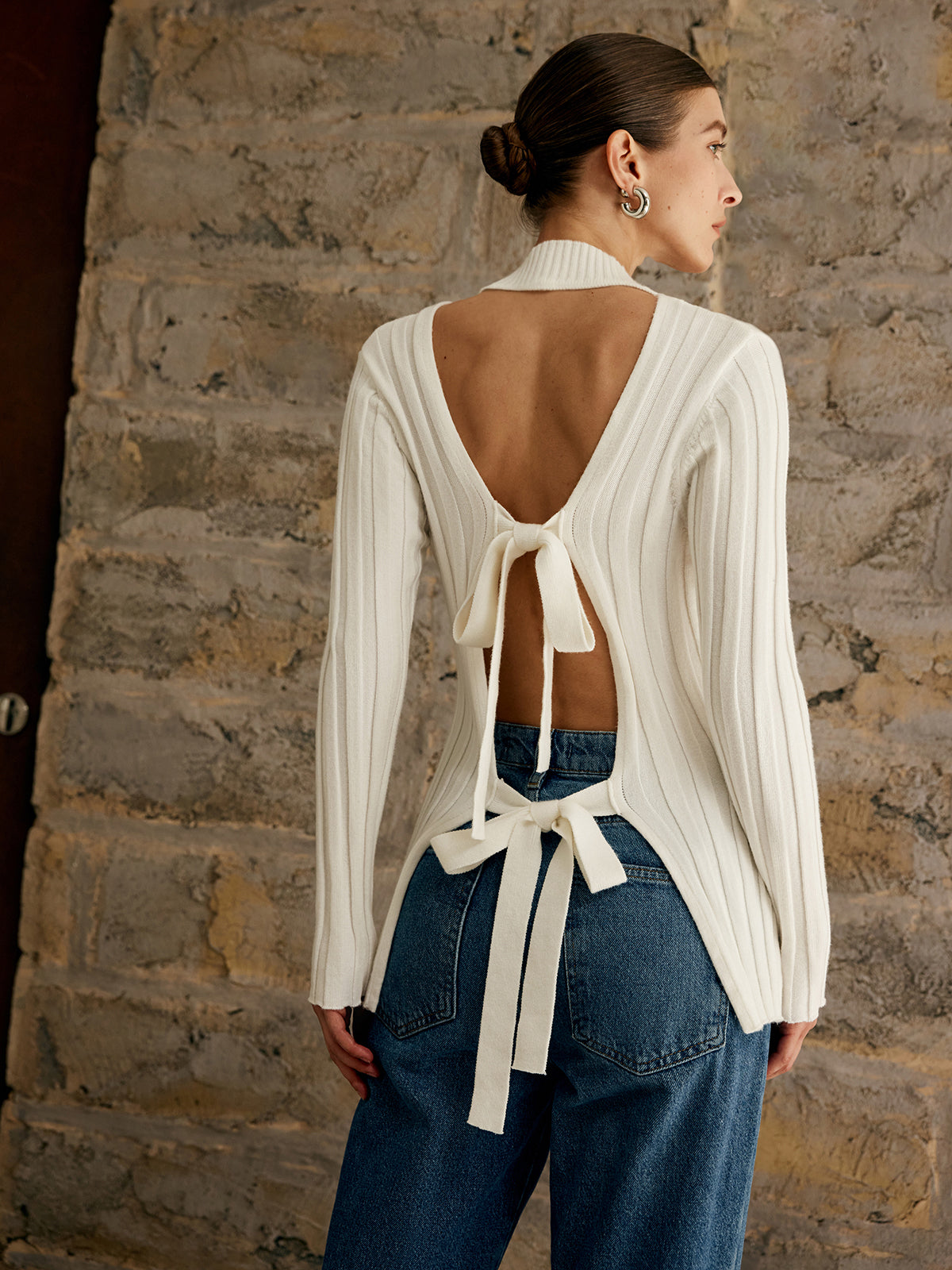 Tie Open Back Knit Top-Massicos