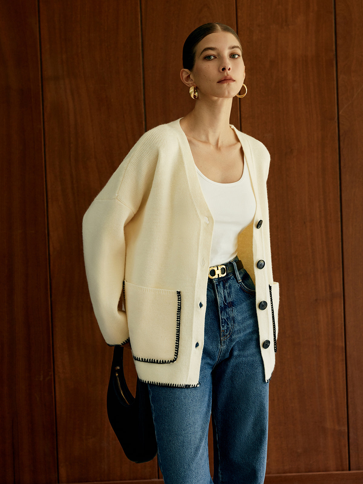 Contrast Trim Pockets Cardigan-Massicos