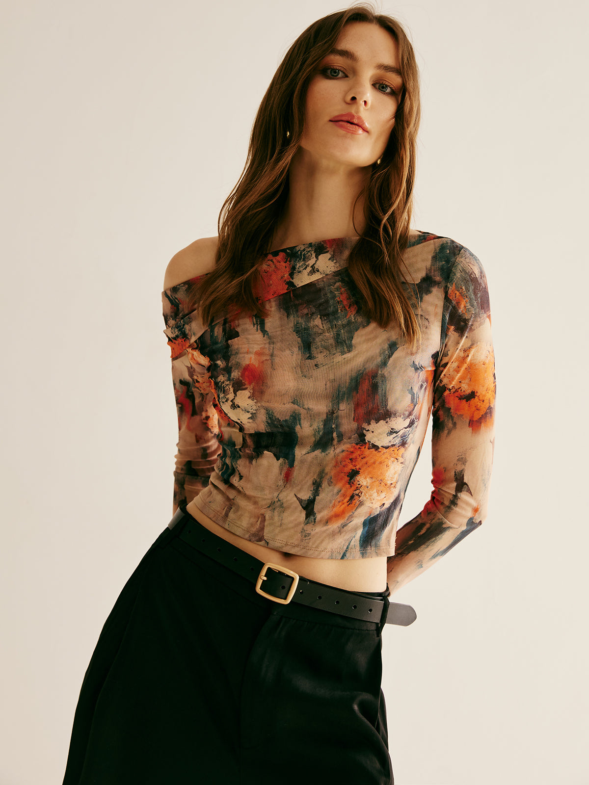 Retro Asymmetrical Collar Crop T-Shirt-Massicos