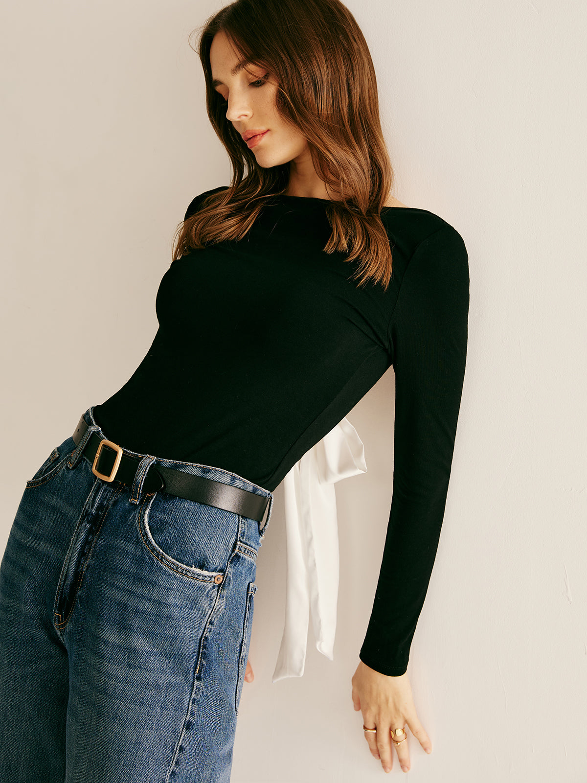 Backless Long Sleeve Tie T-Shirt-Massicos